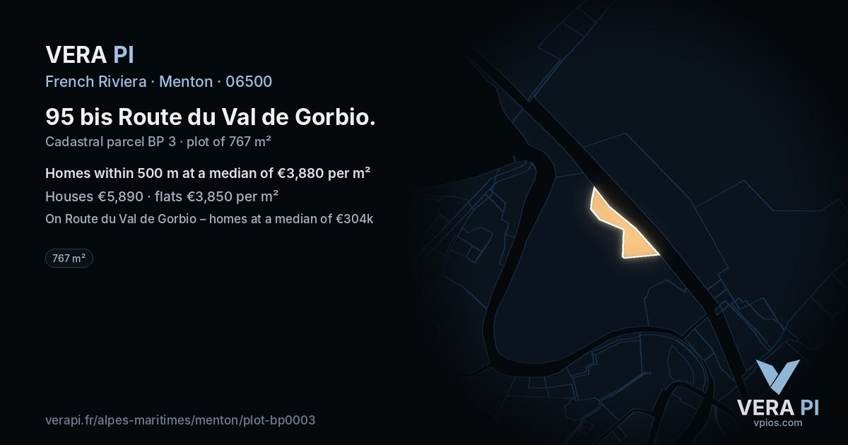 95 bis Route du Val de Gorbio, Menton at night – the plot lit, the parcels around coloured by the prices near them