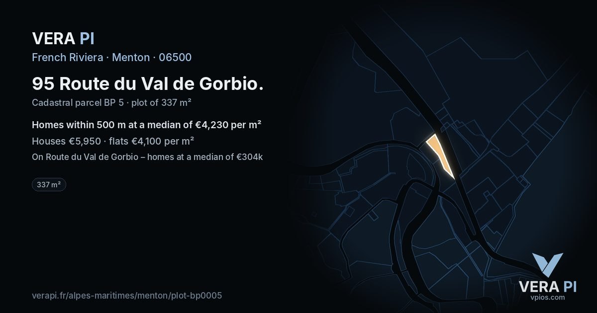 95 Route du Val de Gorbio, Menton at night – the plot lit, the parcels around coloured by the prices near them