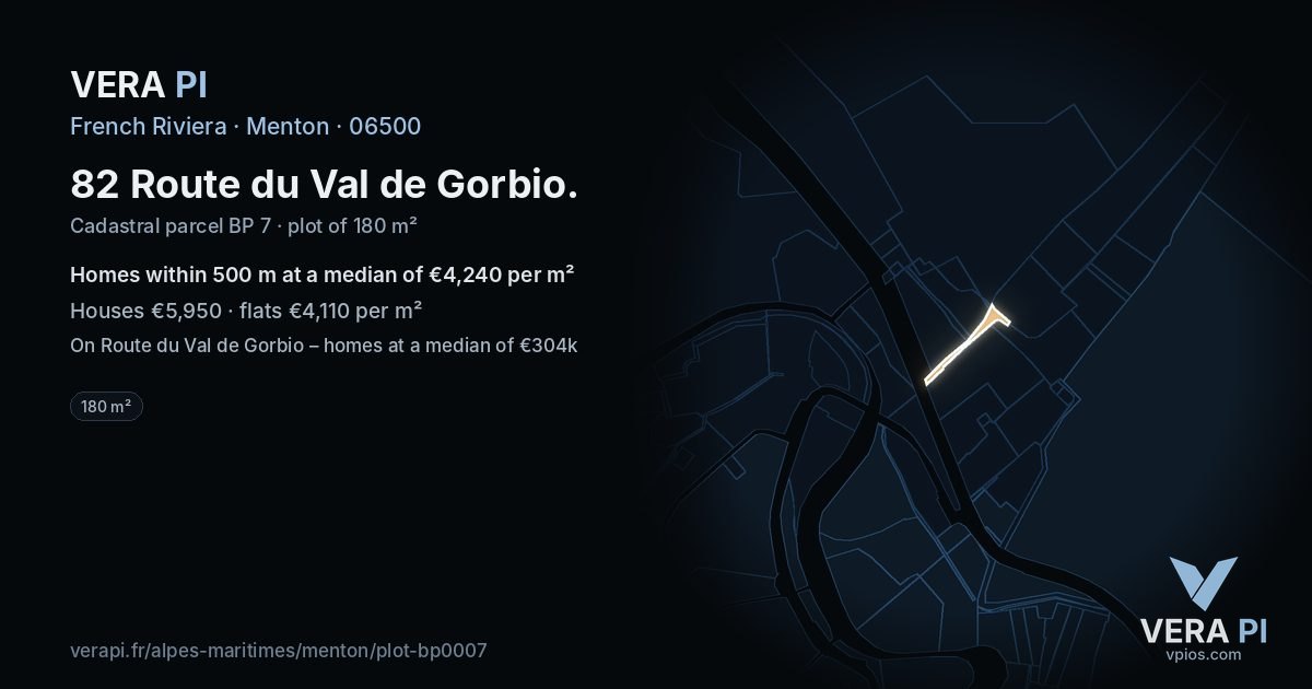 82 Route du Val de Gorbio, Menton at night – the plot lit, the parcels around coloured by the prices near them