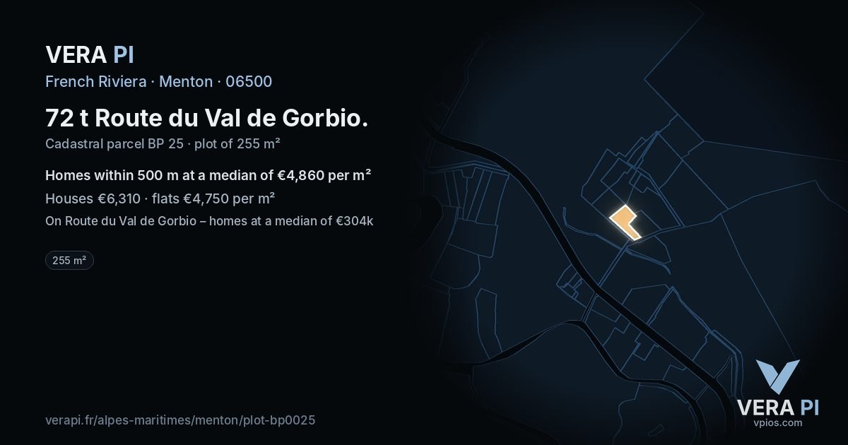 72 t Route du Val de Gorbio, Menton at night – the plot lit, the parcels around coloured by the prices near them