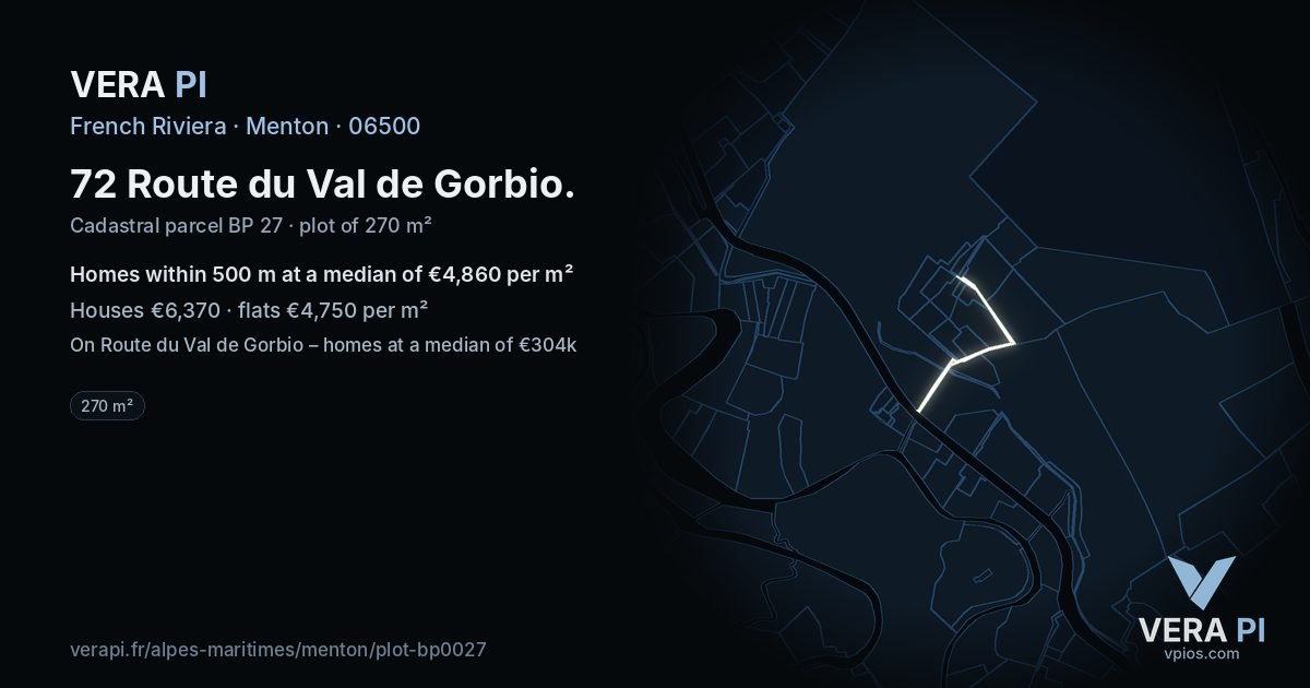 72 Route du Val de Gorbio, Menton at night – the plot lit, the parcels around coloured by the prices near them