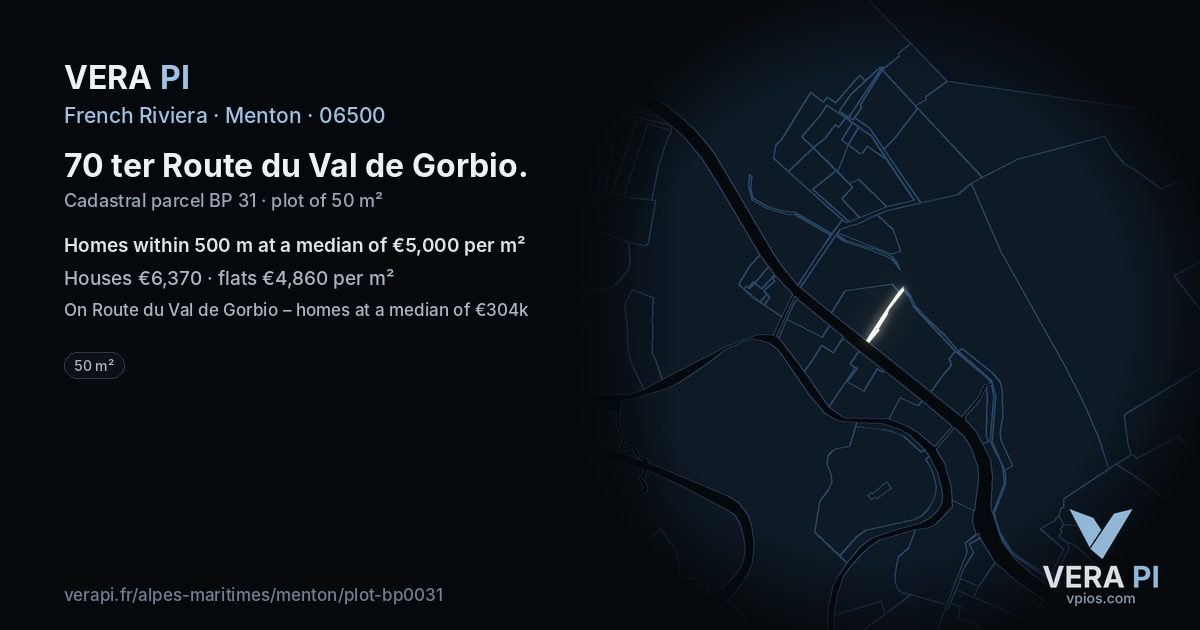 70 ter Route du Val de Gorbio, Menton at night – the plot lit, the parcels around coloured by the prices near them