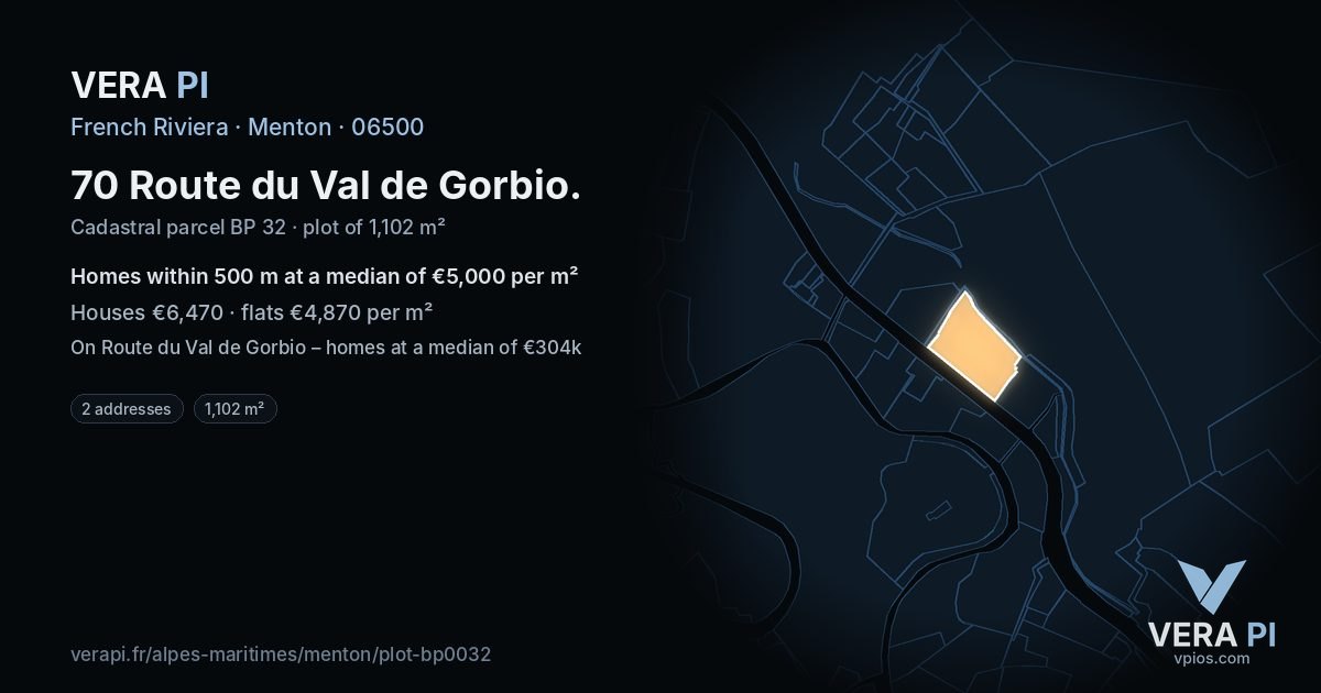 70 Route du Val de Gorbio, Menton at night – the plot lit, the parcels around coloured by the prices near them