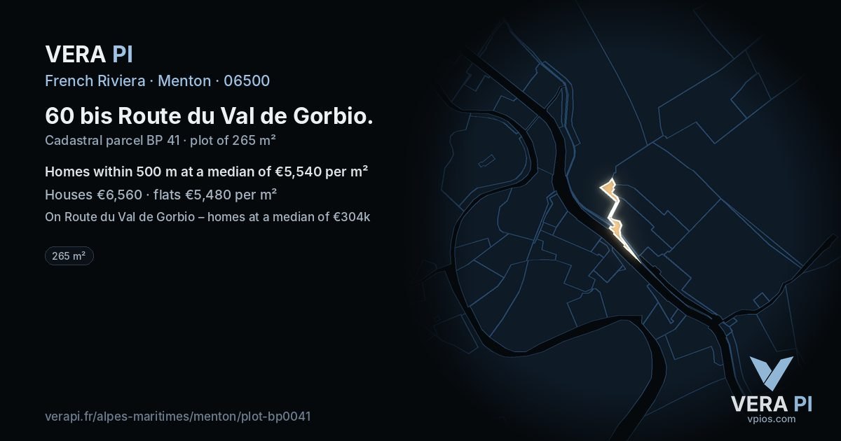 60 bis Route du Val de Gorbio, Menton at night – the plot lit, the parcels around coloured by the prices near them