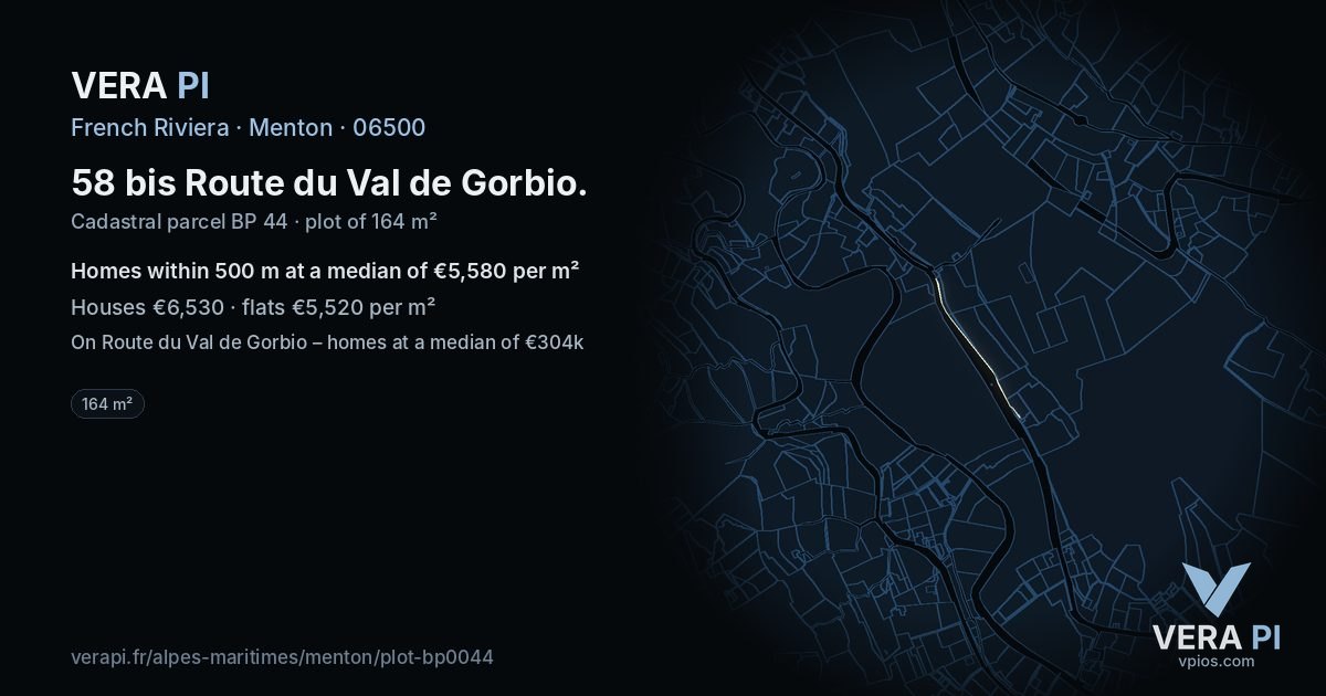 58 bis Route du Val de Gorbio, Menton at night – the plot lit, the parcels around coloured by the prices near them