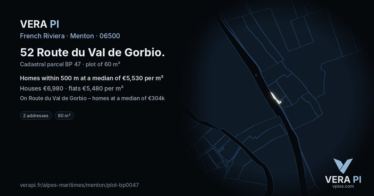 52 Route du Val de Gorbio, Menton at night – the plot lit, the parcels around coloured by the prices near them