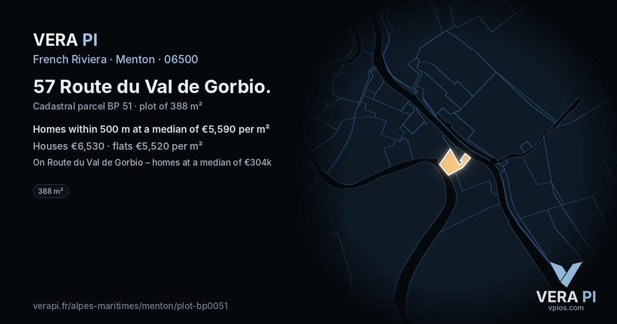 57 Route du Val de Gorbio, Menton at night – the plot lit, the parcels around coloured by the prices near them