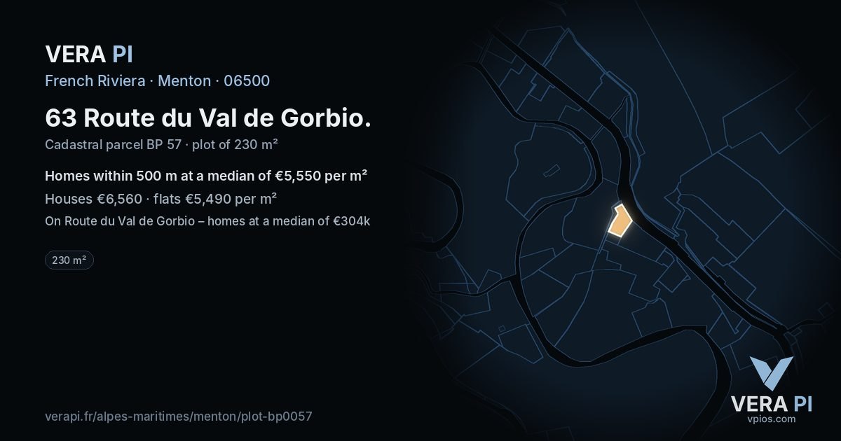 63 Route du Val de Gorbio, Menton at night – the plot lit, the parcels around coloured by the prices near them