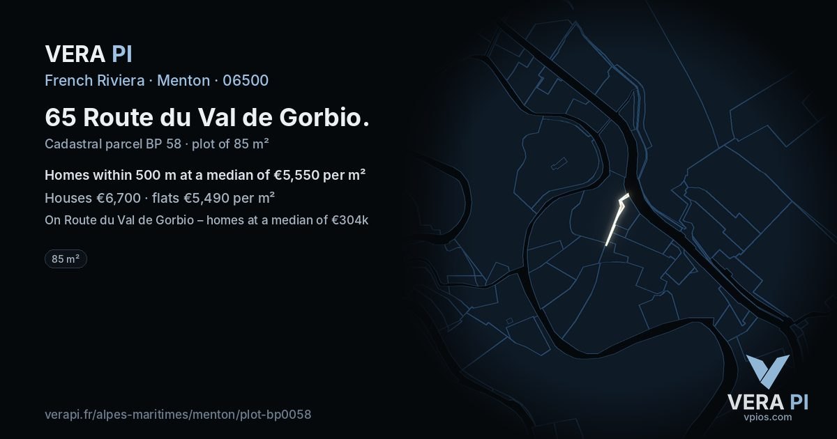 65 Route du Val de Gorbio, Menton at night – the plot lit, the parcels around coloured by the prices near them