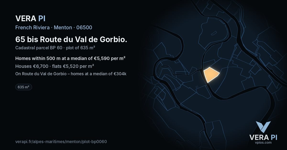 65 bis Route du Val de Gorbio, Menton at night – the plot lit, the parcels around coloured by the prices near them