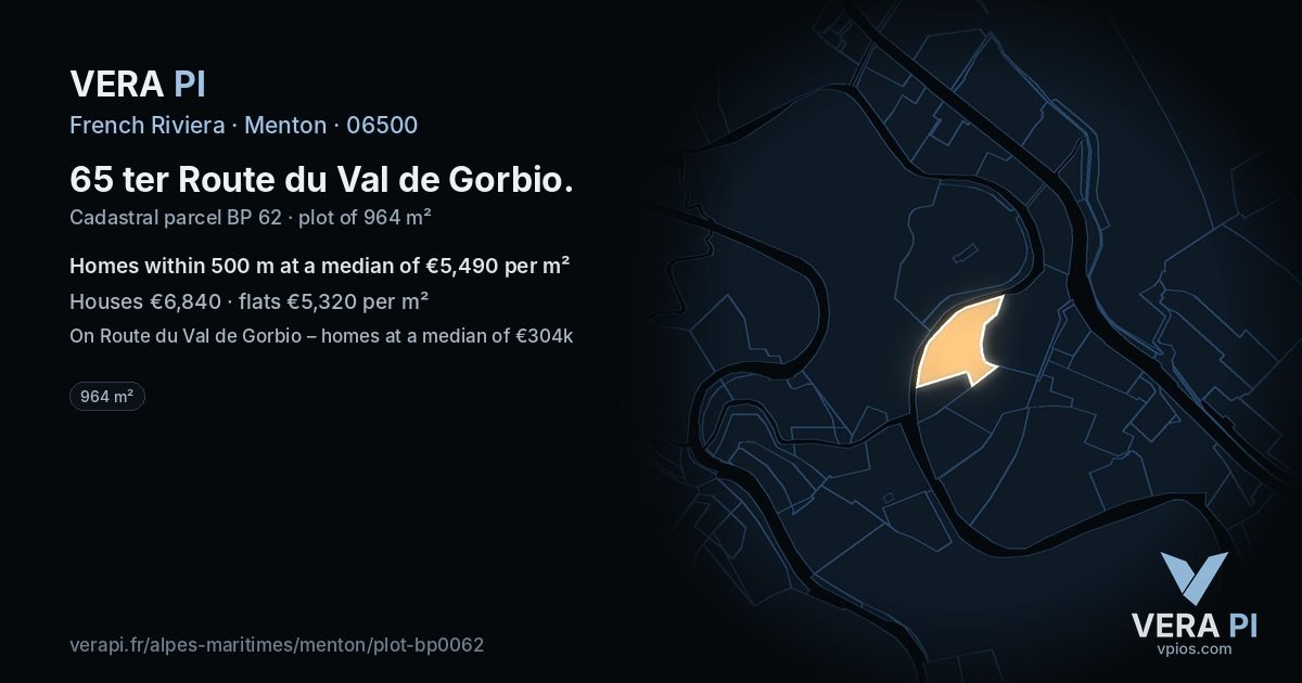 65 ter Route du Val de Gorbio, Menton at night – the plot lit, the parcels around coloured by the prices near them