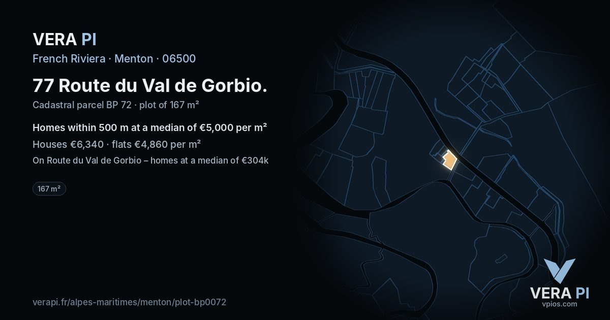 77 Route du Val de Gorbio, Menton at night – the plot lit, the parcels around coloured by the prices near them