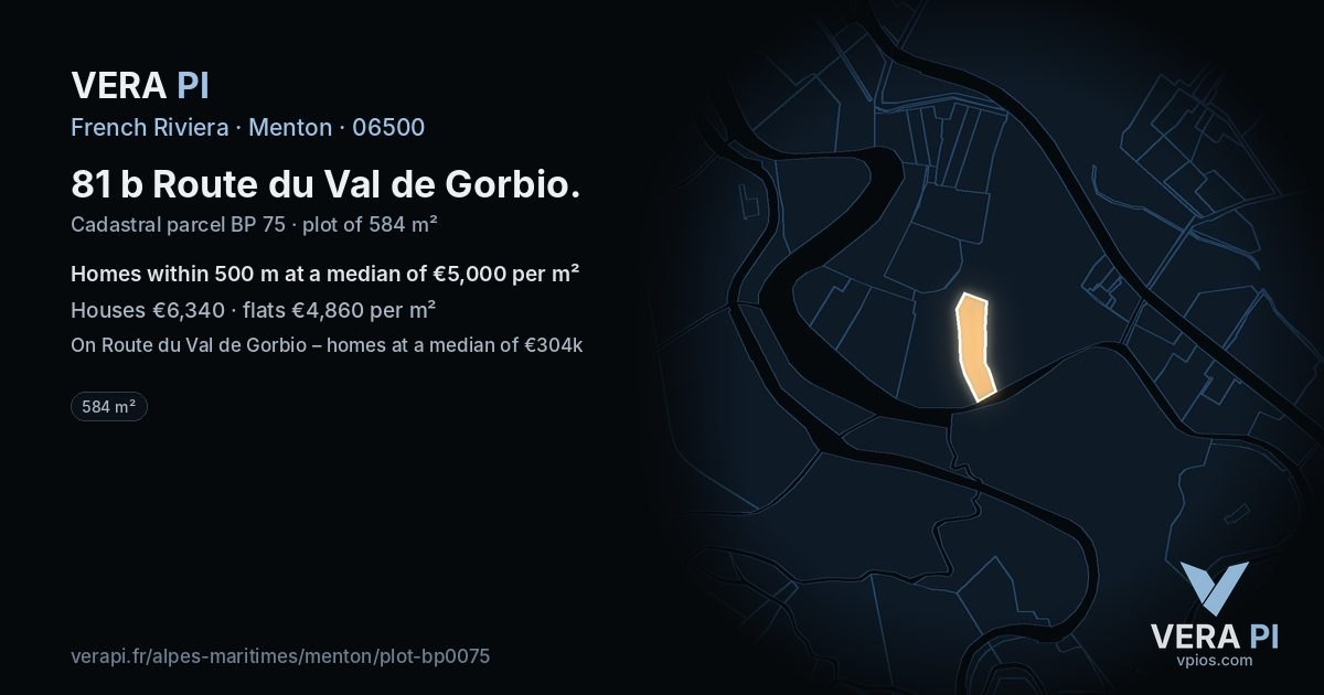 81 b Route du Val de Gorbio, Menton at night – the plot lit, the parcels around coloured by the prices near them