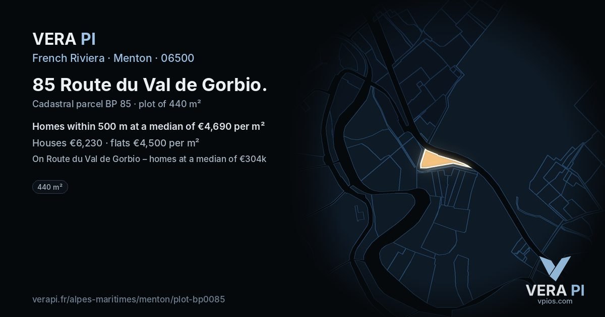 85 Route du Val de Gorbio, Menton at night – the plot lit, the parcels around coloured by the prices near them