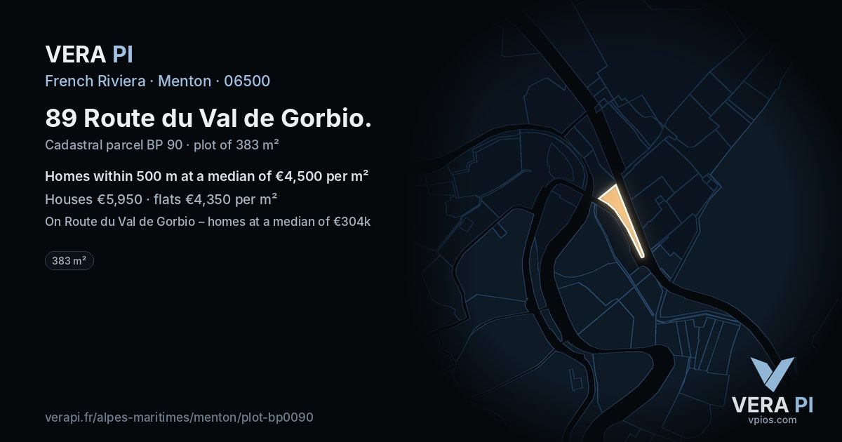 89 Route du Val de Gorbio, Menton at night – the plot lit, the parcels around coloured by the prices near them