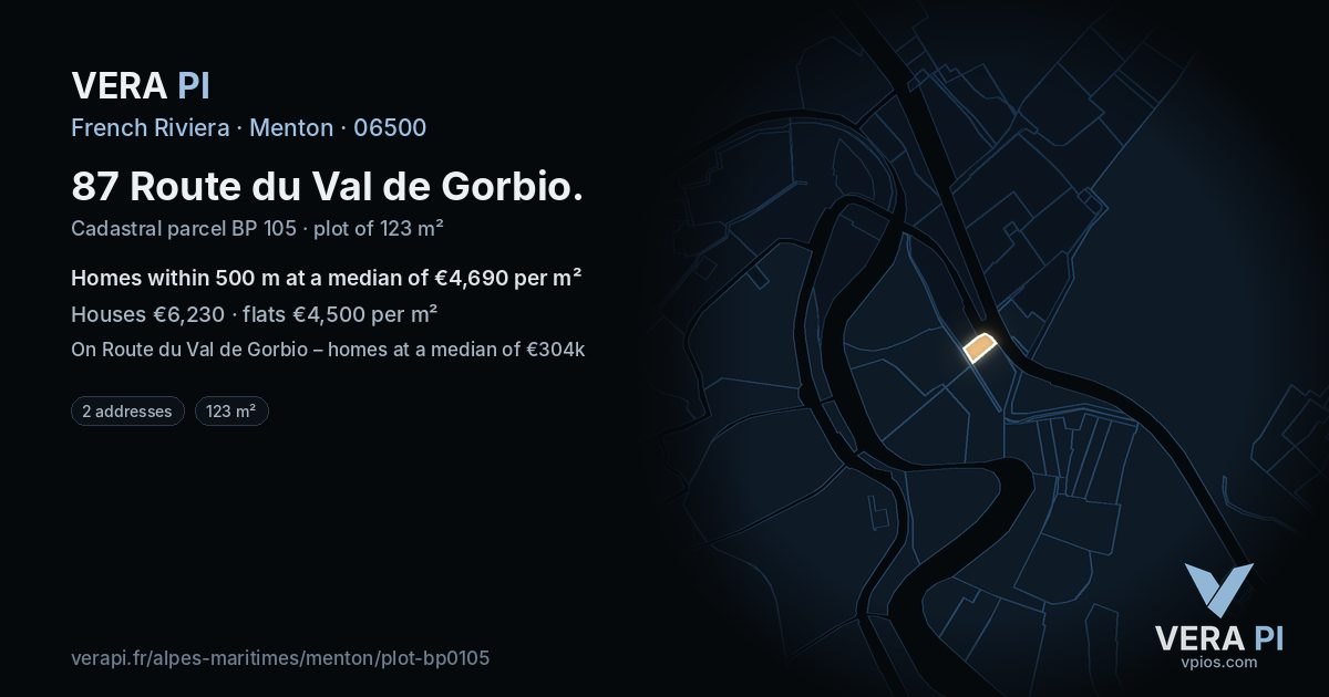 87 Route du Val de Gorbio, Menton at night – the plot lit, the parcels around coloured by the prices near them
