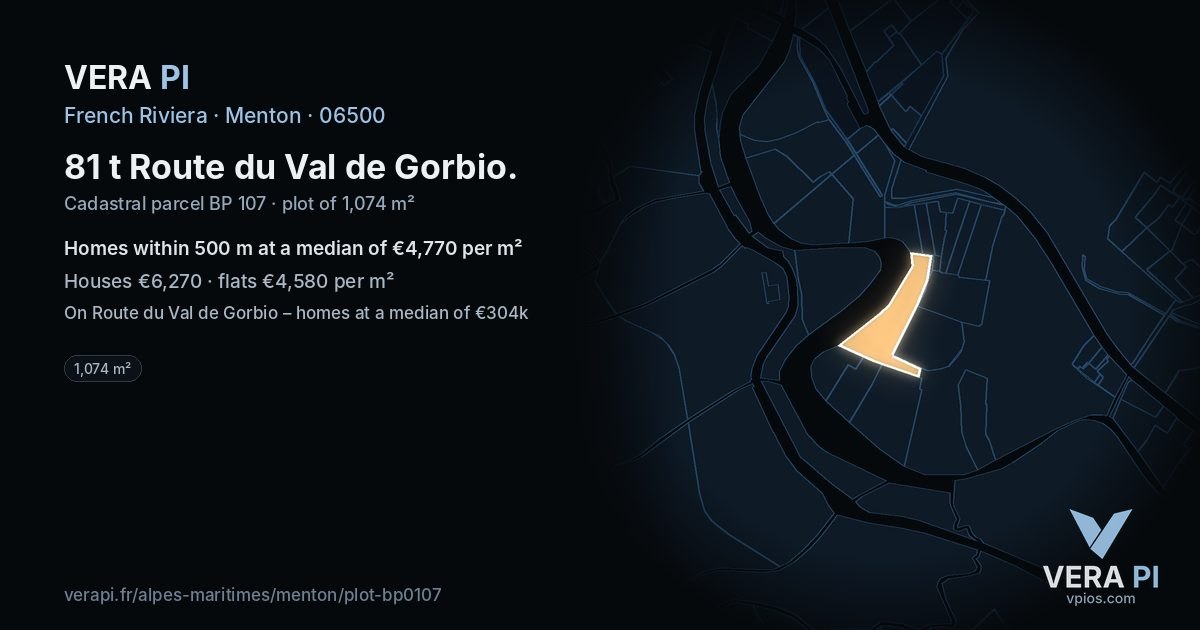 81 t Route du Val de Gorbio, Menton at night – the plot lit, the parcels around coloured by the prices near them