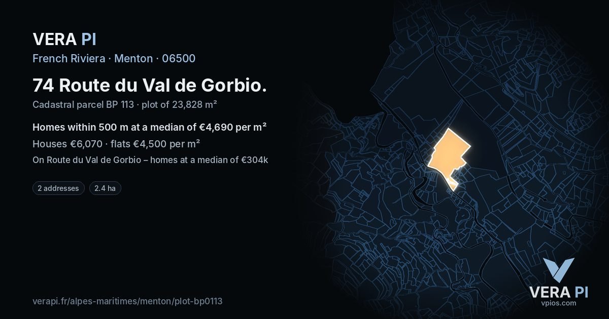 74 Route du Val de Gorbio, Menton at night – the plot lit, the parcels around coloured by the prices near them