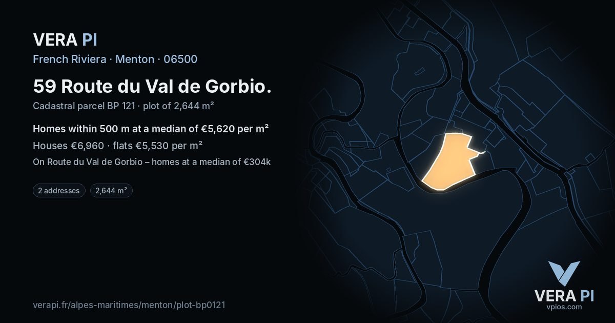 59 Route du Val de Gorbio, Menton at night – the plot lit, the parcels around coloured by the prices near them