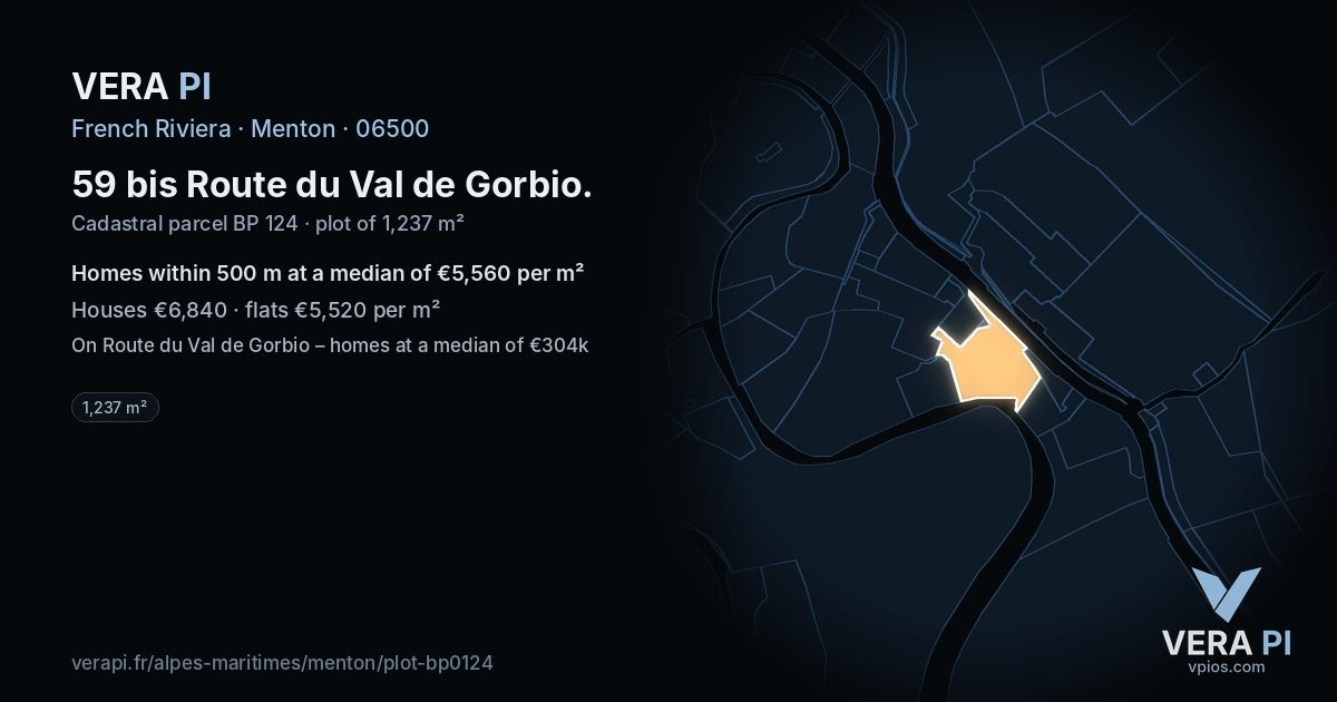 59 bis Route du Val de Gorbio, Menton at night – the plot lit, the parcels around coloured by the prices near them