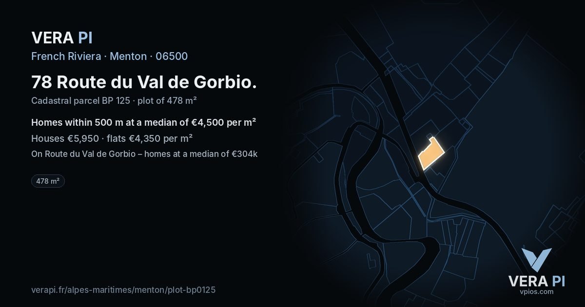 78 Route du Val de Gorbio, Menton at night – the plot lit, the parcels around coloured by the prices near them