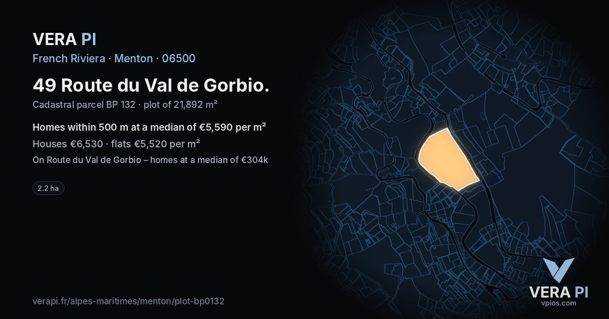 49 Route du Val de Gorbio, Menton at night – the plot lit, the parcels around coloured by the prices near them