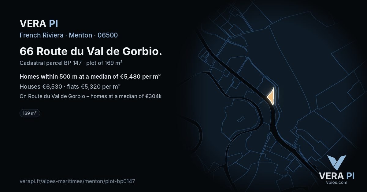 66 Route du Val de Gorbio, Menton at night – the plot lit, the parcels around coloured by the prices near them