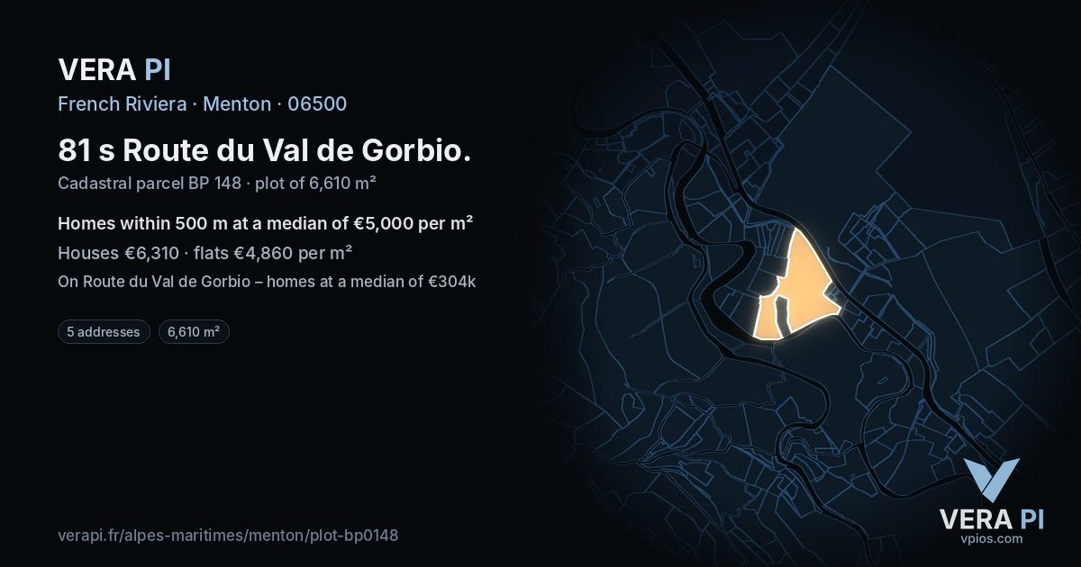 81 s Route du Val de Gorbio, Menton at night – the plot lit, the parcels around coloured by the prices near them