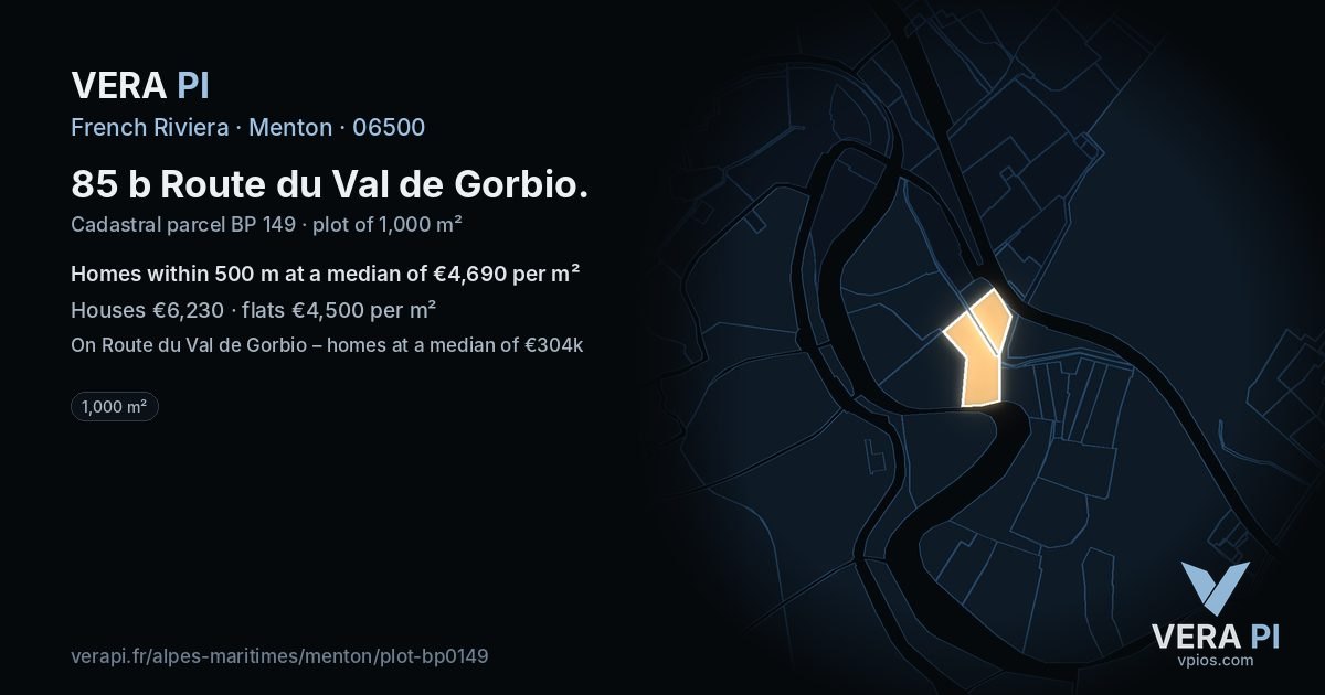 85 b Route du Val de Gorbio, Menton at night – the plot lit, the parcels around coloured by the prices near them