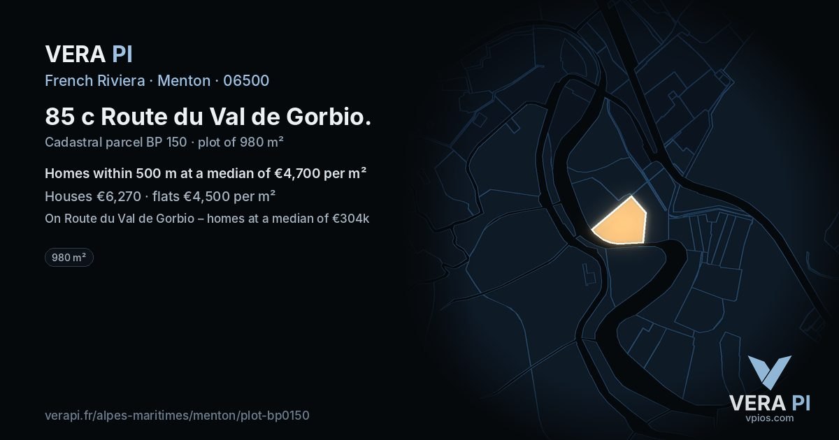 85 c Route du Val de Gorbio, Menton at night – the plot lit, the parcels around coloured by the prices near them