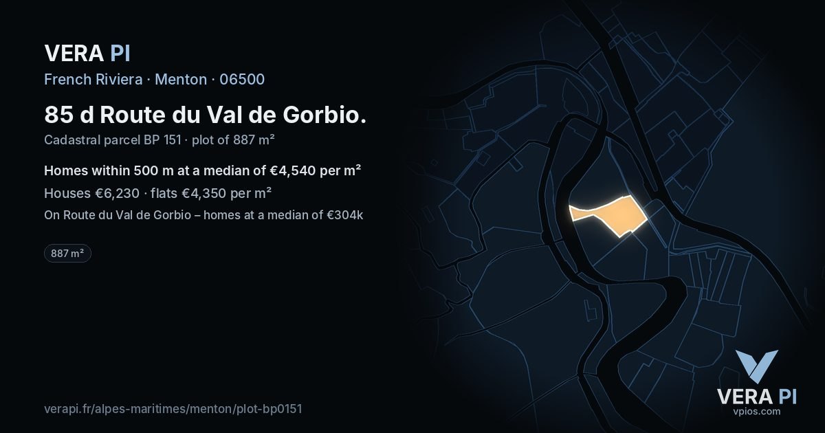 85 d Route du Val de Gorbio, Menton at night – the plot lit, the parcels around coloured by the prices near them