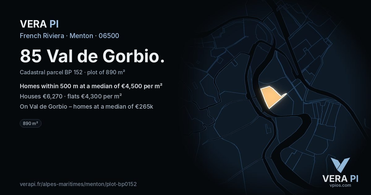 85 Val de Gorbio, Menton at night – the plot lit, the parcels around coloured by the prices near them