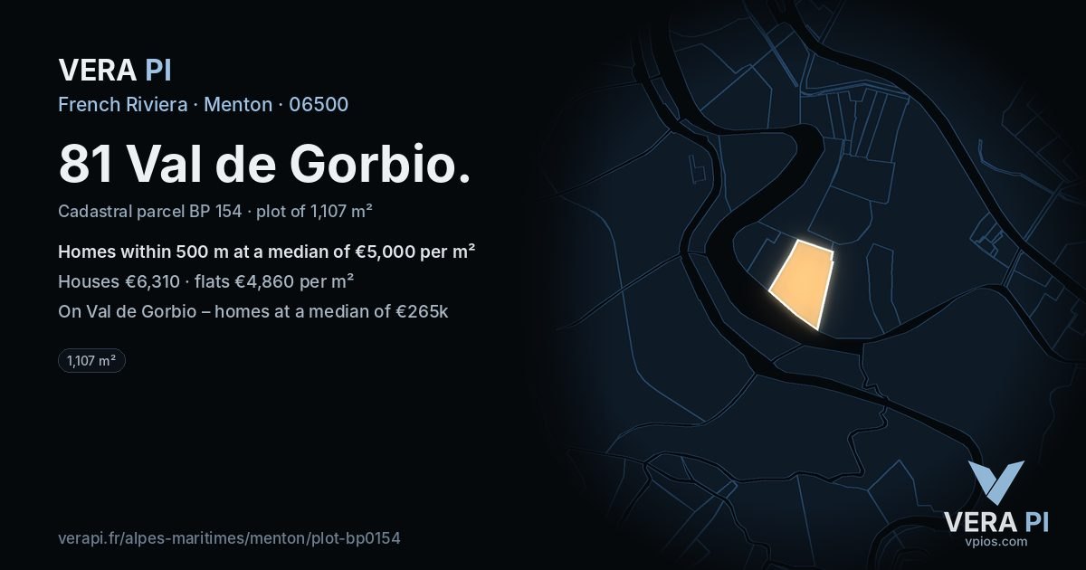 81 Val de Gorbio, Menton at night – the plot lit, the parcels around coloured by the prices near them