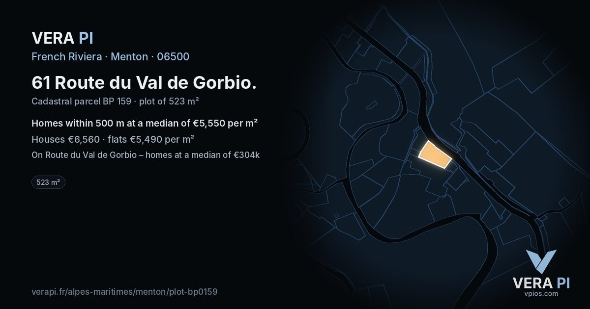 61 Route du Val de Gorbio, Menton at night – the plot lit, the parcels around coloured by the prices near them