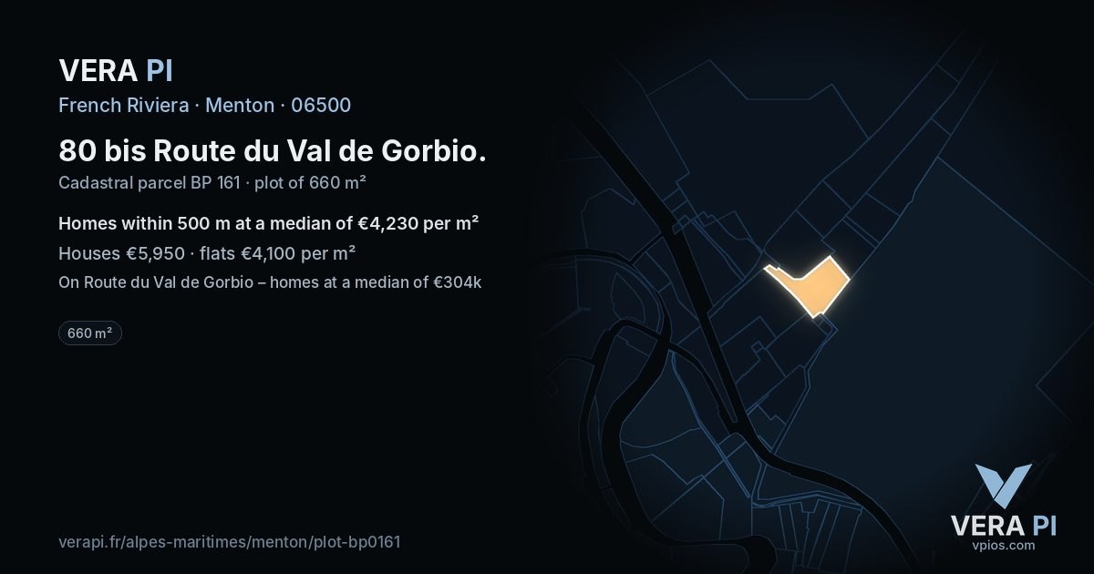 80 bis Route du Val de Gorbio, Menton at night – the plot lit, the parcels around coloured by the prices near them