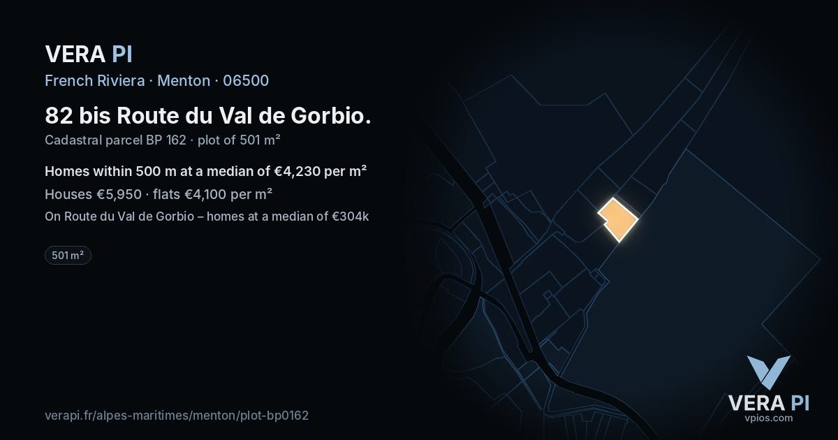 82 bis Route du Val de Gorbio, Menton at night – the plot lit, the parcels around coloured by the prices near them