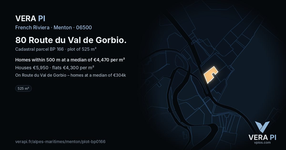 80 Route du Val de Gorbio, Menton at night – the plot lit, the parcels around coloured by the prices near them