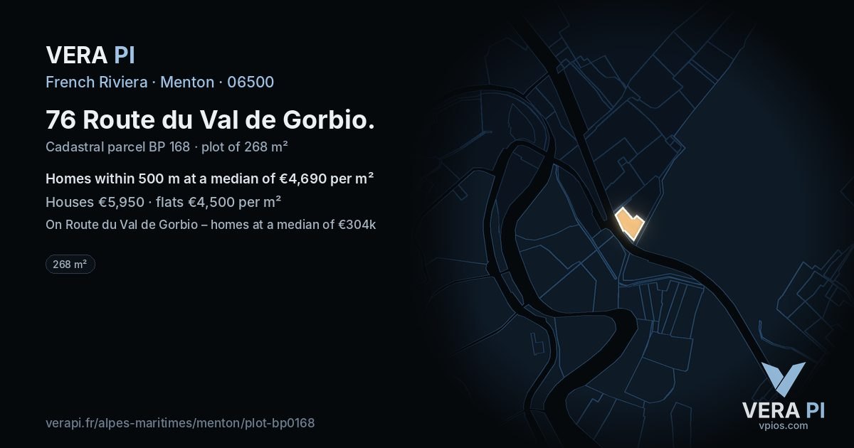 76 Route du Val de Gorbio, Menton at night – the plot lit, the parcels around coloured by the prices near them
