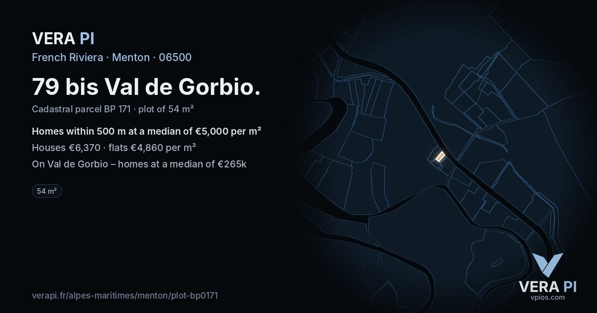 79 bis Val de Gorbio, Menton at night – the plot lit, the parcels around coloured by the prices near them