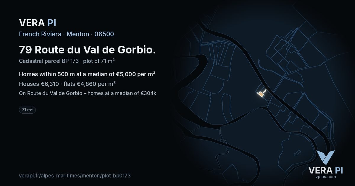 79 Route du Val de Gorbio, Menton at night – the plot lit, the parcels around coloured by the prices near them
