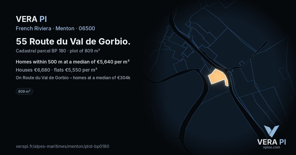 55 Route du Val de Gorbio, Menton at night – the plot lit, the parcels around coloured by the prices near them