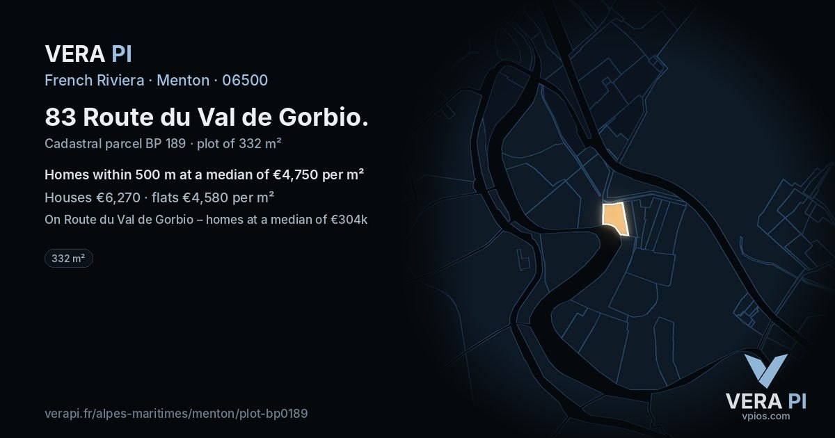 83 Route du Val de Gorbio, Menton at night – the plot lit, the parcels around coloured by the prices near them