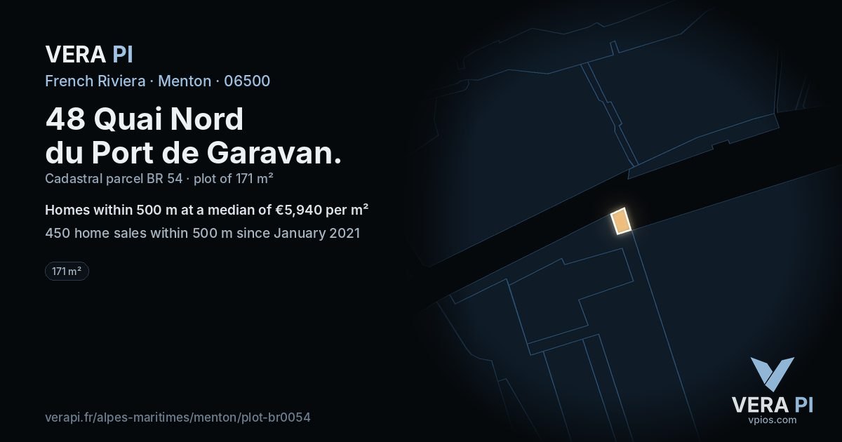 48 Quai Nord du Port de Garavan, Menton at night – the plot lit, the parcels around coloured by the prices near them