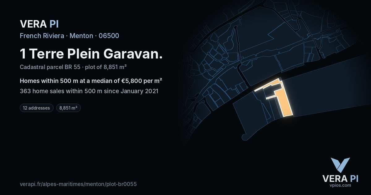 1 Terre Plein Garavan, Menton at night – the plot lit, the parcels around coloured by the prices near them