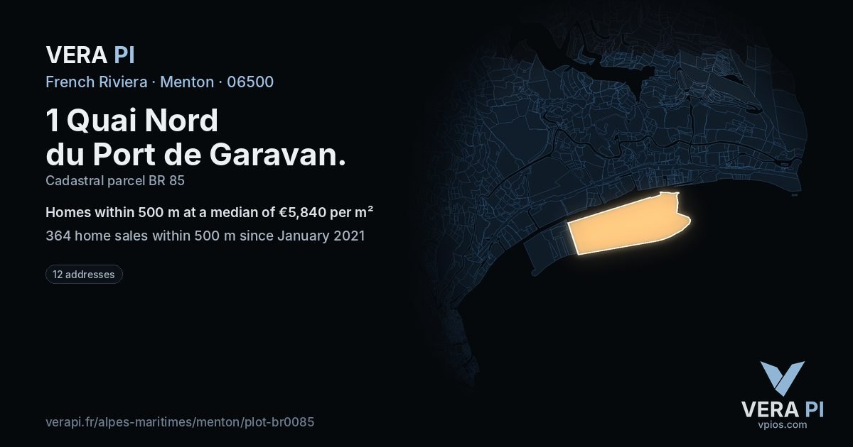 1 Quai Nord du Port de Garavan, Menton at night – the plot lit, the parcels around coloured by the prices near them