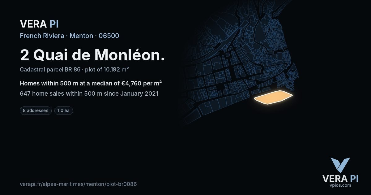 2 Quai de Monléon, Menton at night – the plot lit, the parcels around coloured by the prices near them