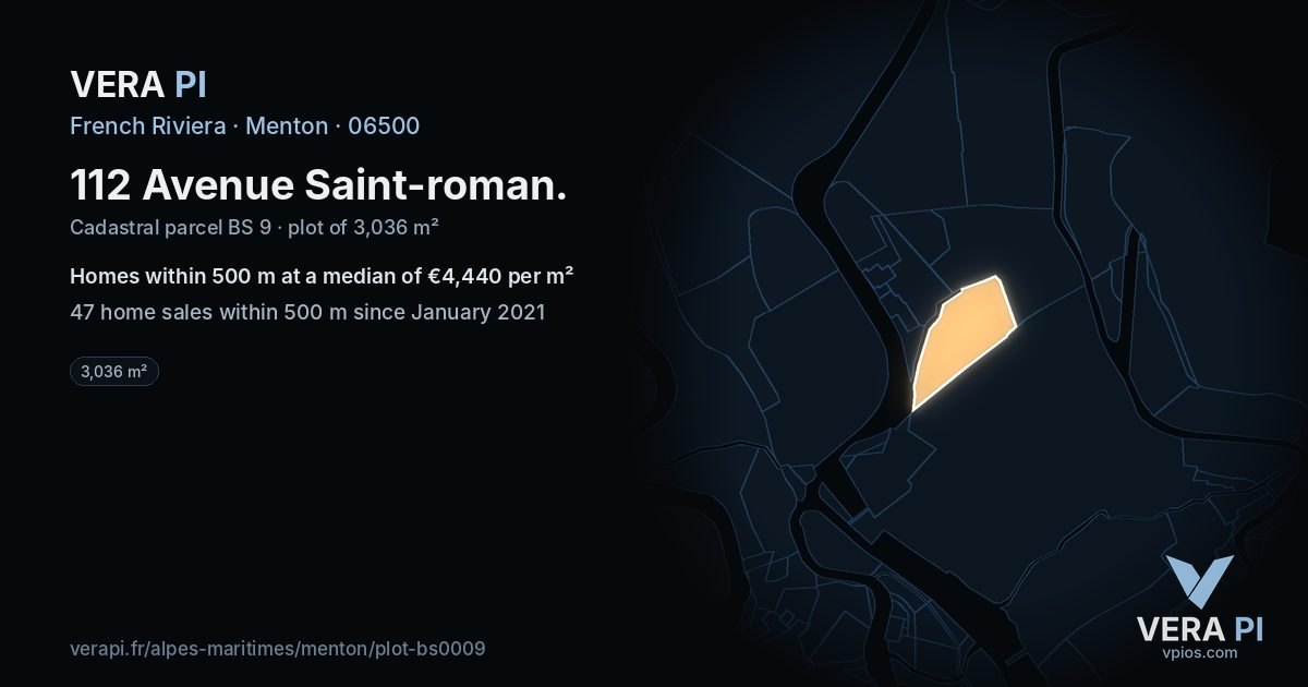 112 Avenue Saint-roman, Menton at night – the plot lit, the parcels around coloured by the prices near them