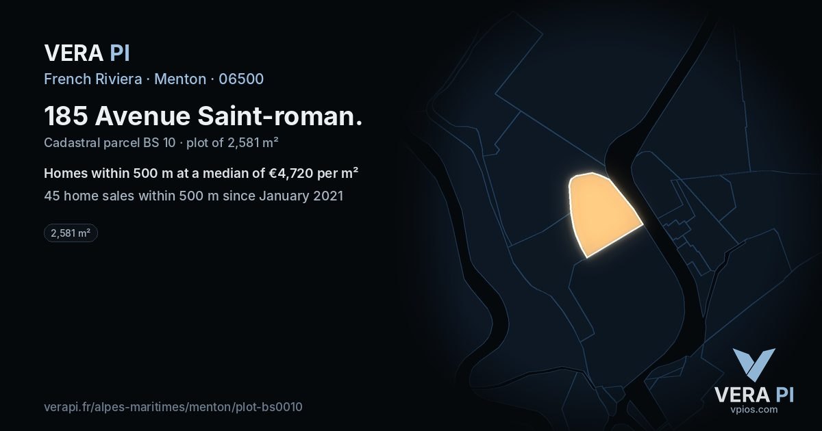 185 Avenue Saint-roman, Menton at night – the plot lit, the parcels around coloured by the prices near them