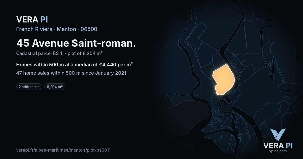 45 Avenue Saint-roman, Menton at night – the plot lit, the parcels around coloured by the prices near them