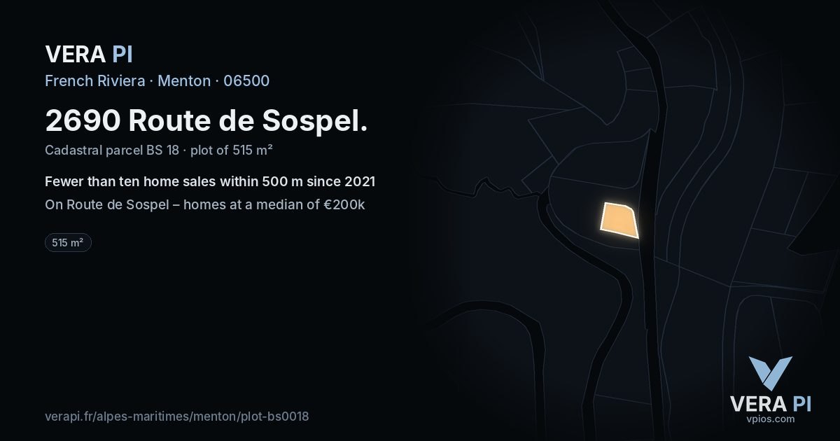 2690 Route de Sospel, Menton at night – the plot lit, the parcels around coloured by the prices near them